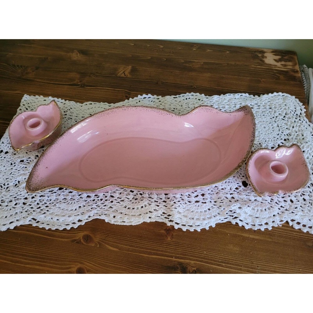 Vintage Gilner USA Pottery Pink and gold console bowl And Candle Holders